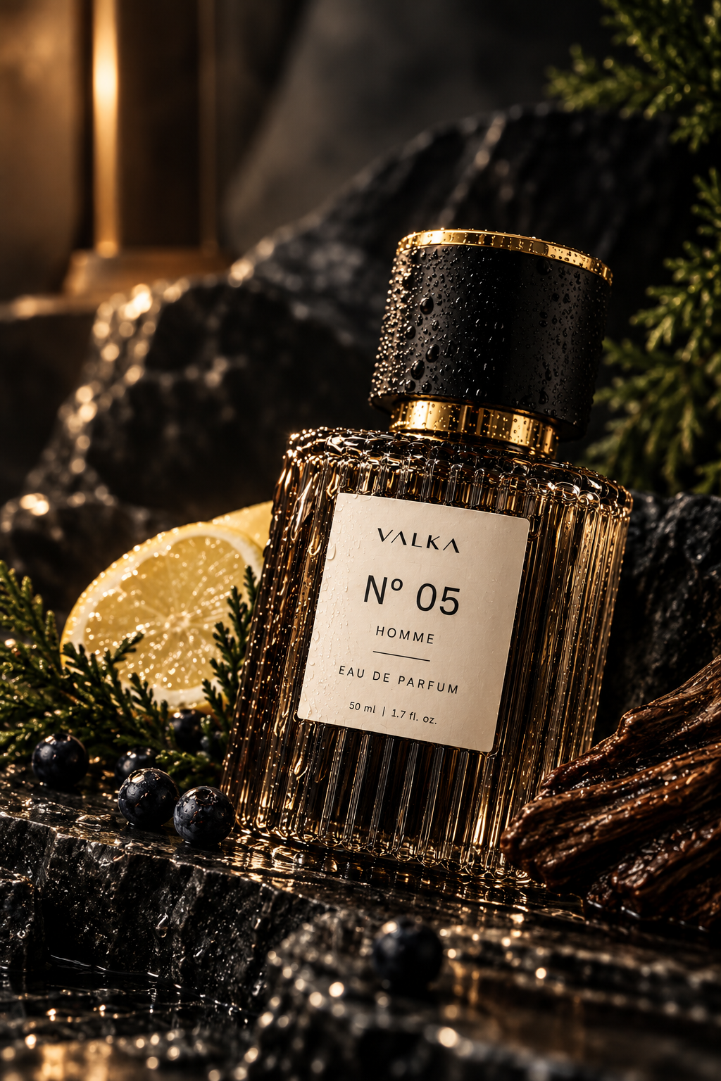 VALKA Nº 05 HOMME — fotografía editorial del frasco con limón, bayas y enebro sobre piedra oscura